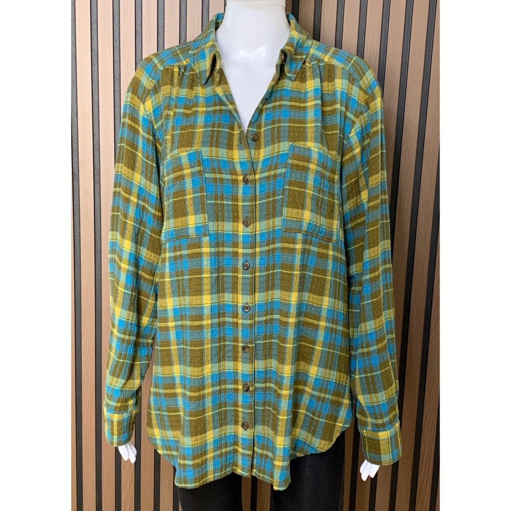 Anthroplogie Pilcro Women's  Plaid Button Up Shirt Blue Green Yellow Medium
